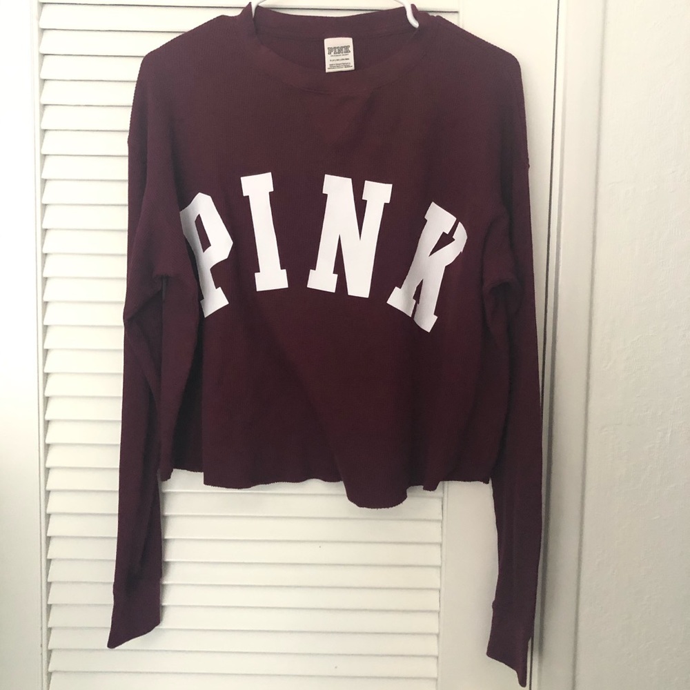 PINK burgundy long sleeve waffle crop top